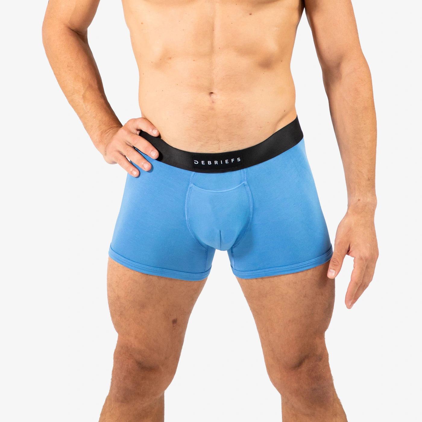 Man wearing Debriefs mens boxer briefs underwear - blue front
