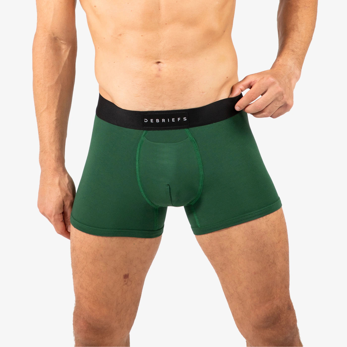 Man wearing Debriefs mens boxer briefs underwear - forest green front
