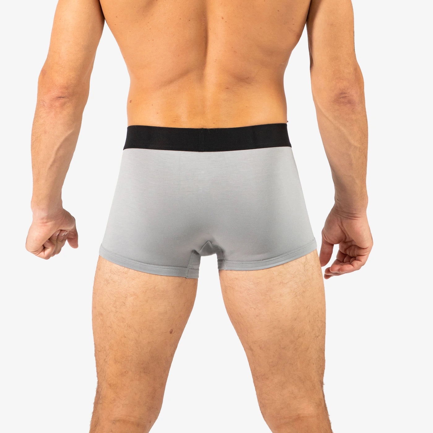 Man wearing Debriefs mens trunks underwear - grey rear