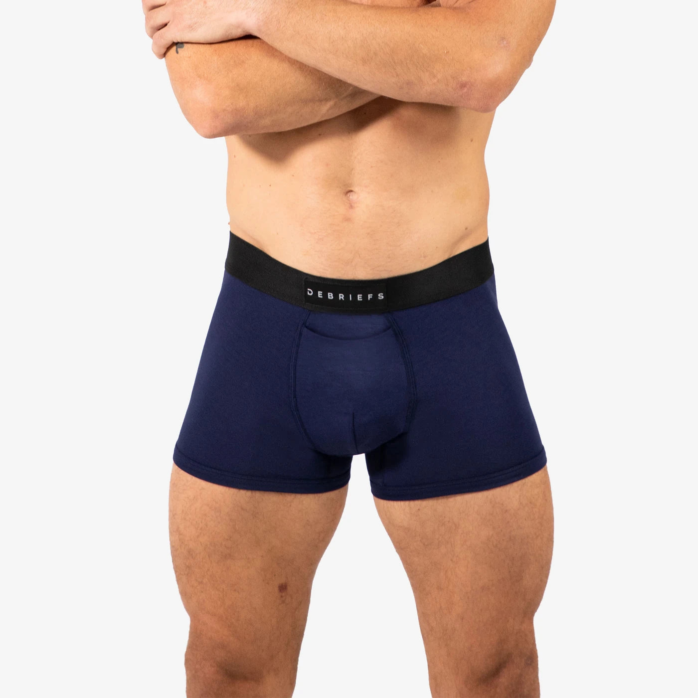 Man wearing Debriefs mens boxer briefs underwear - midnight blue front