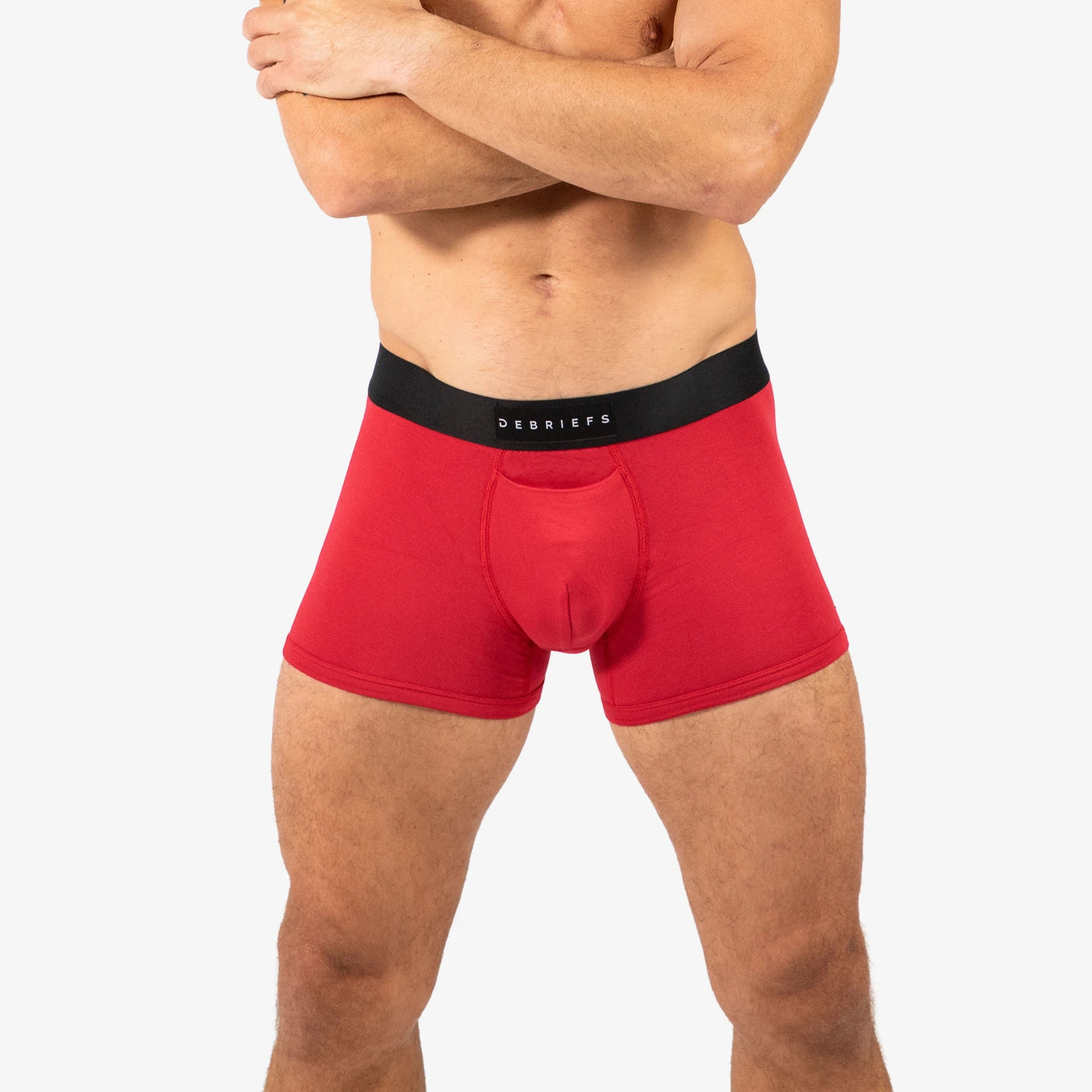 Man wearing Debriefs mens boxer briefs underwear - red front