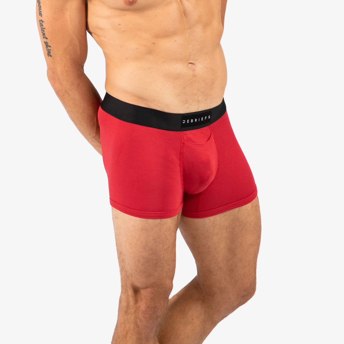 Man wearing Debriefs mens boxer briefs underwear - red side