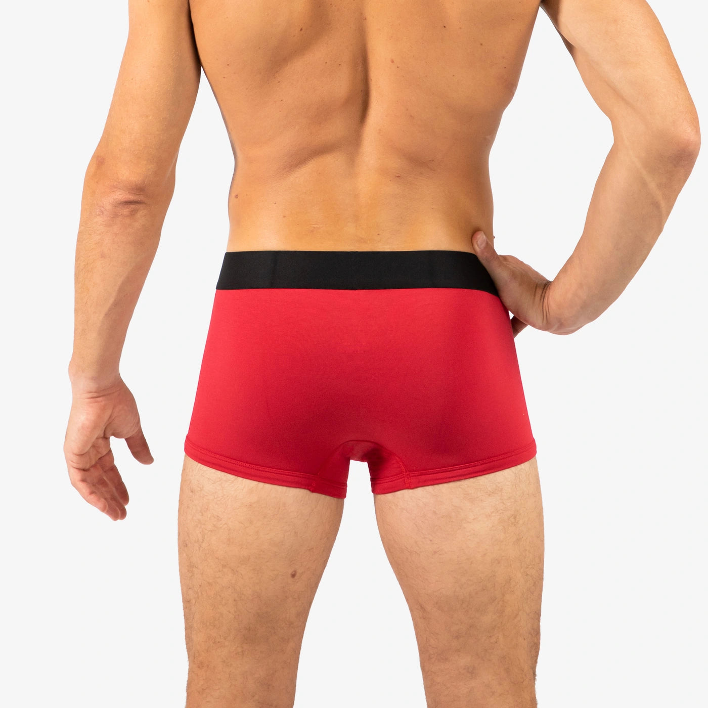 Man wearing Debriefs mens trunks underwear - red rear