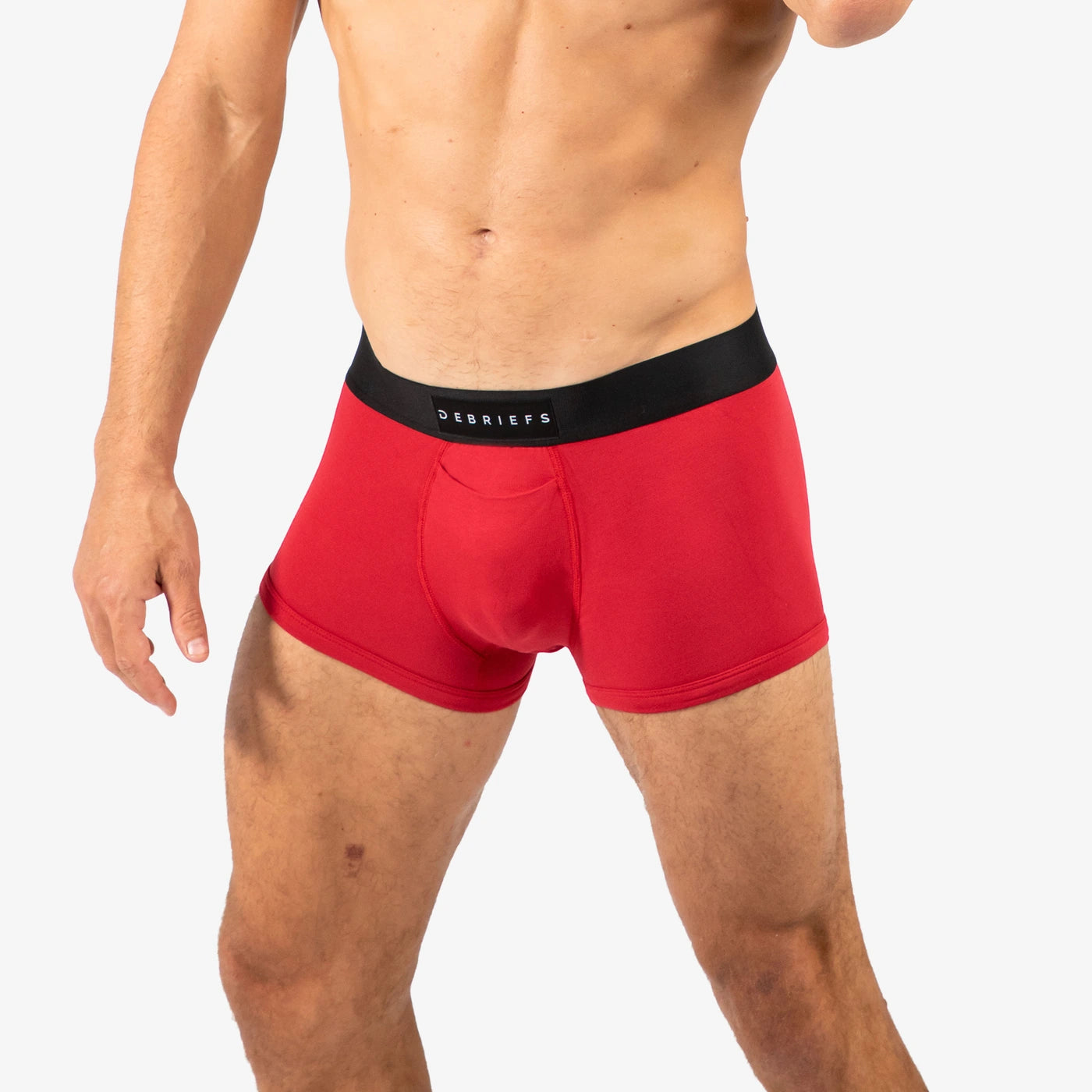 Man wearing Debriefs mens trunks underwear - red side