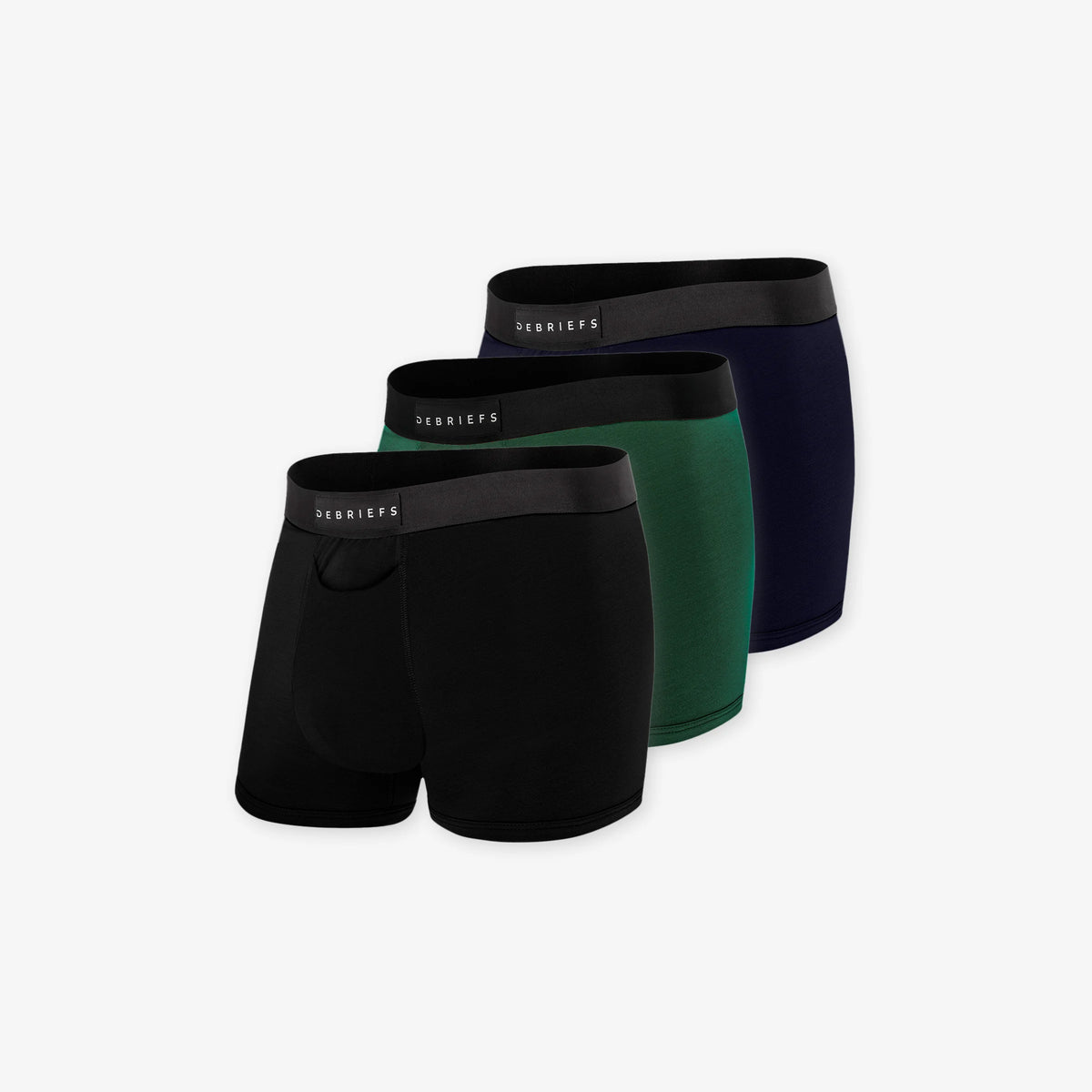 3 pack of men's trunks underwear in black, forest green and midnight blue