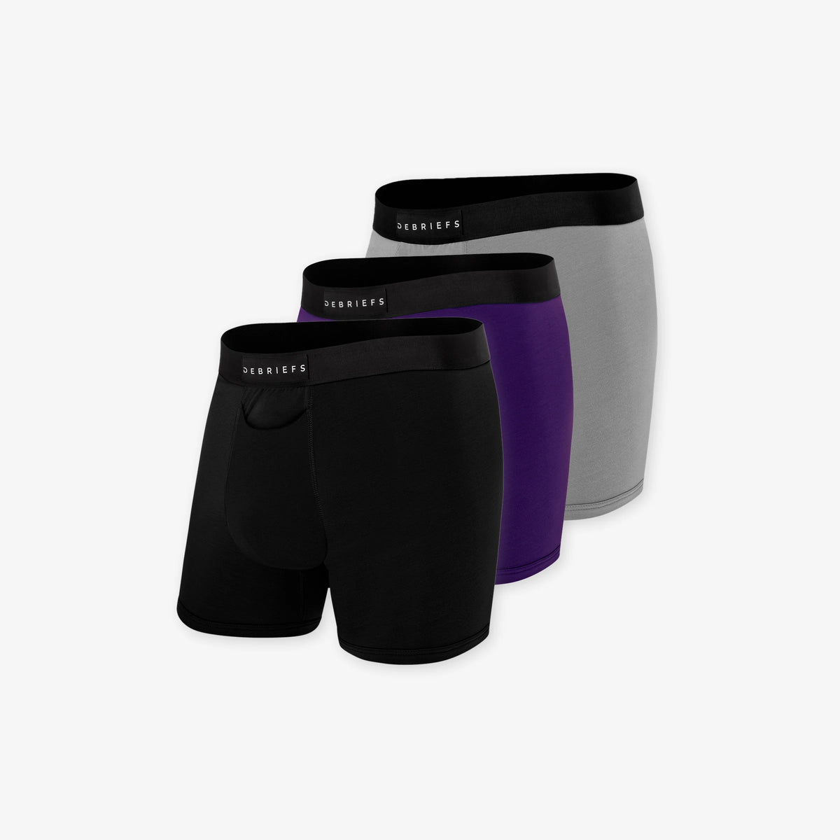 3 pack of men's boxer briefs underwear in black, deep purple and grey