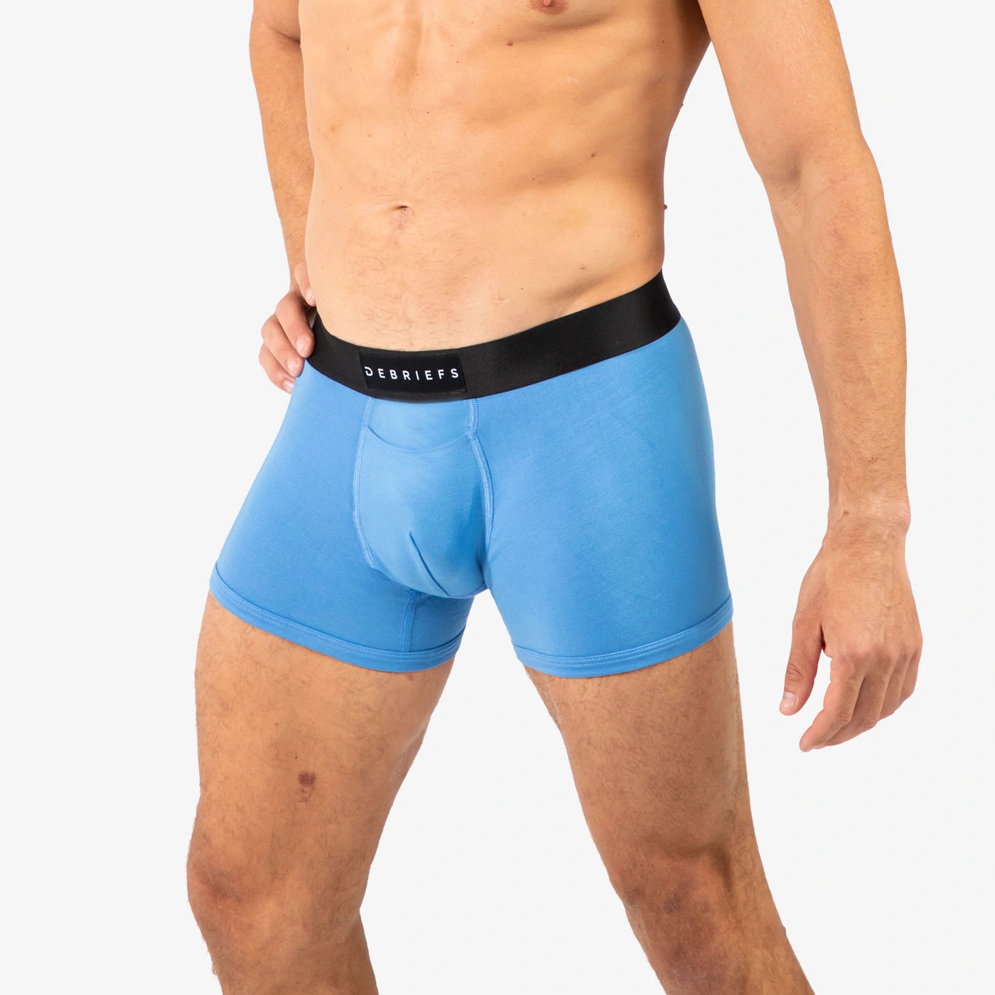 Man wearing Debriefs mens boxer briefs underwear - blue side