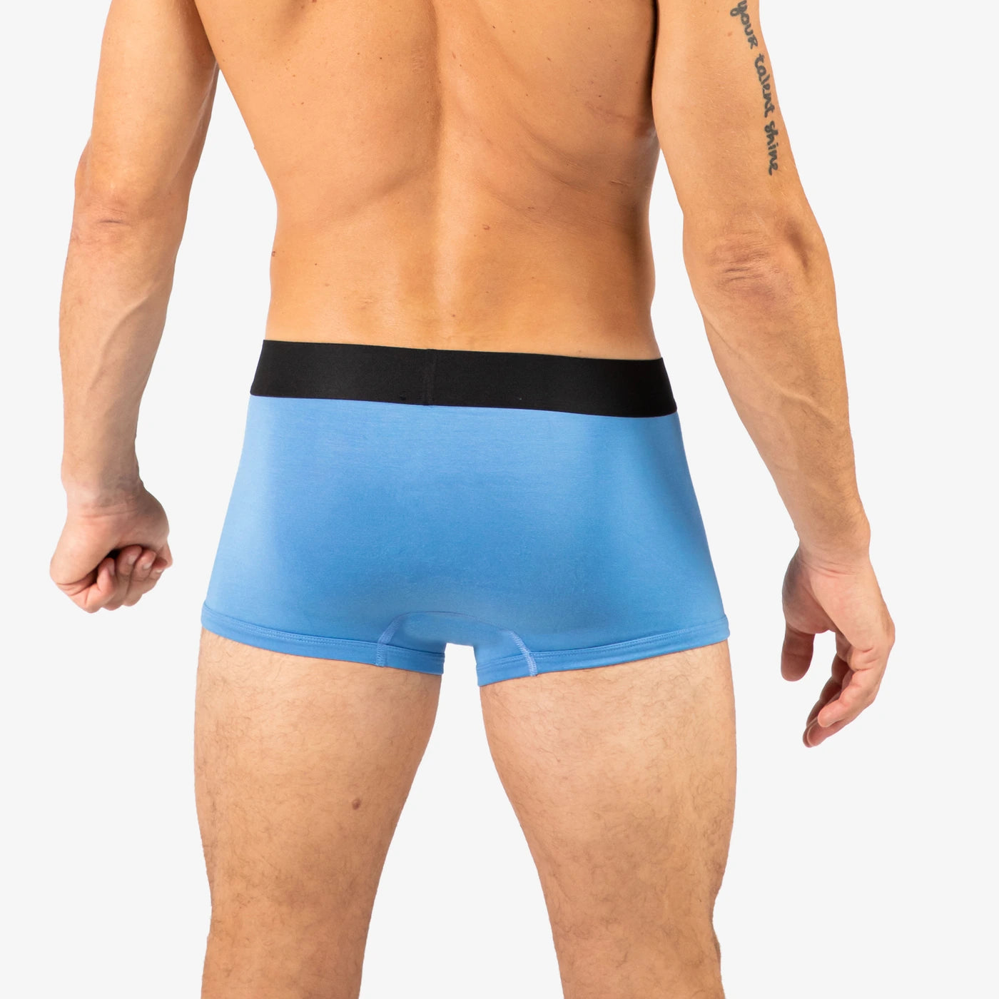 Man wearing Debriefs mens trunks underwear - blue rear