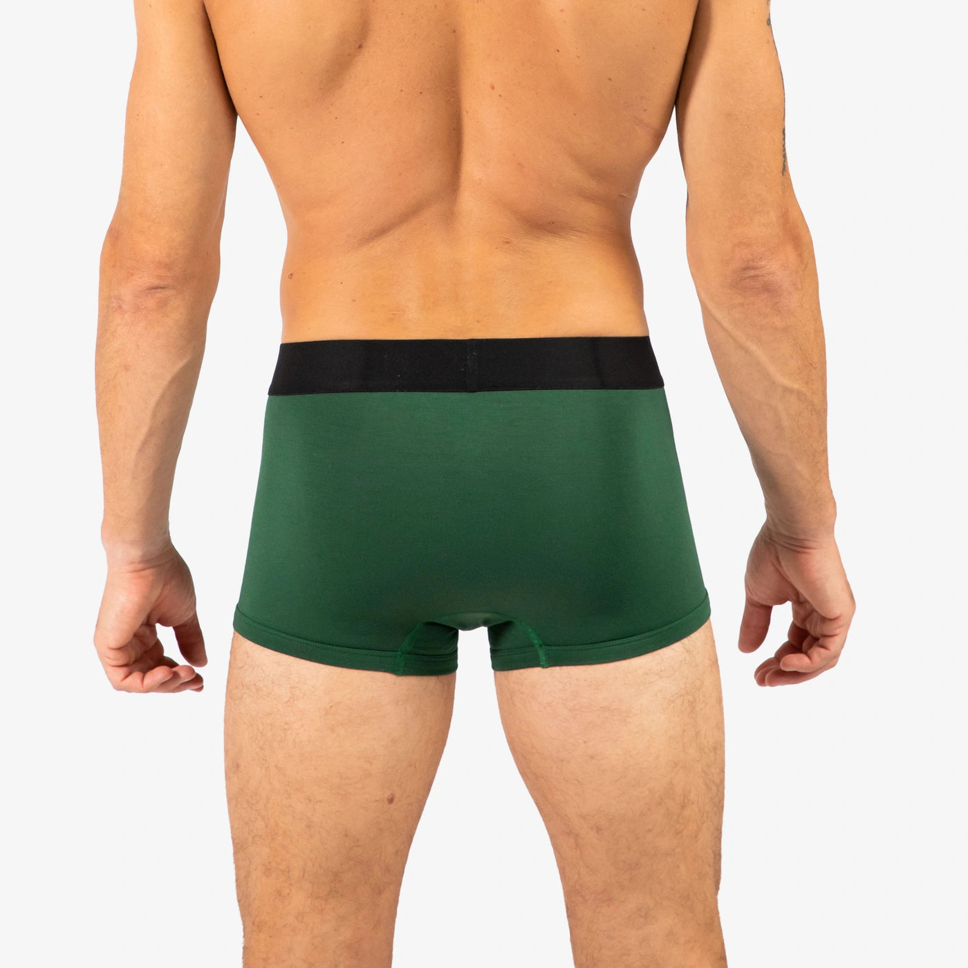 Man wearing Debriefs mens trunks underwear - forest green rear
