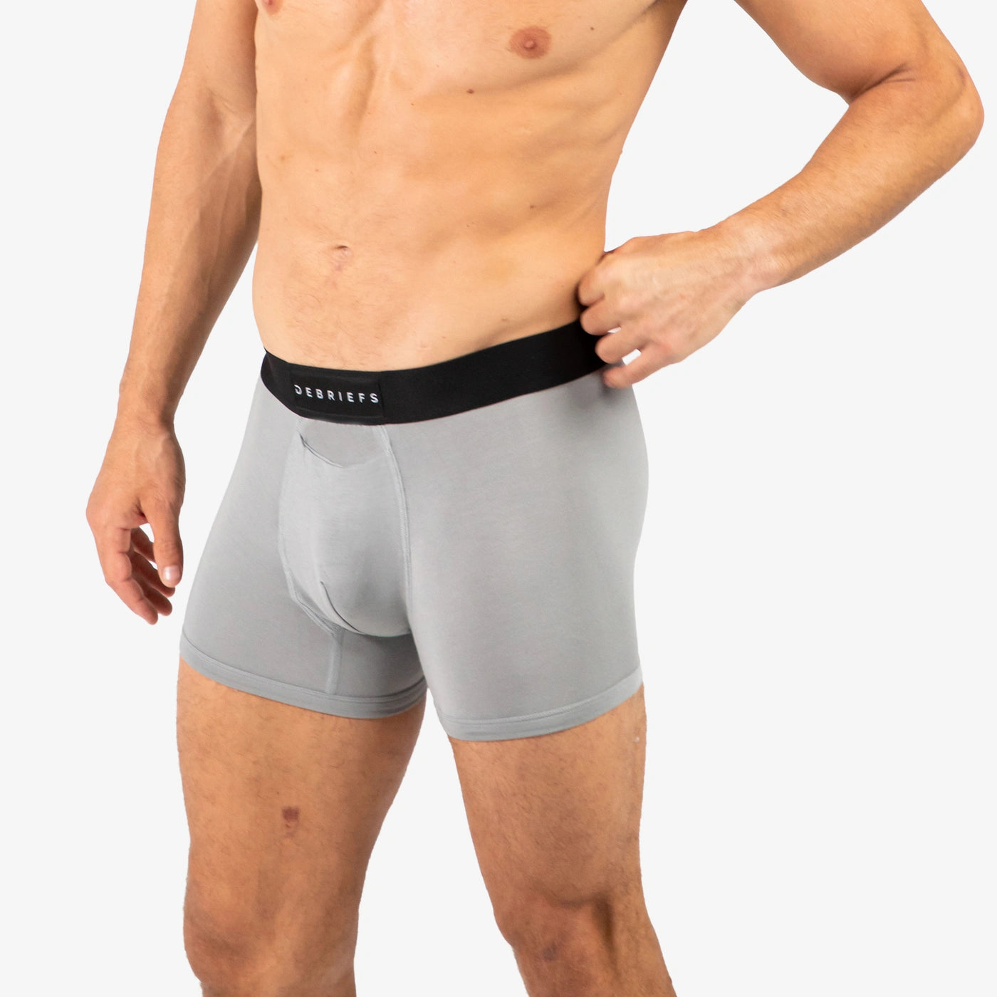 Man wearing Debriefs mens boxer briefs underwear - grey side
