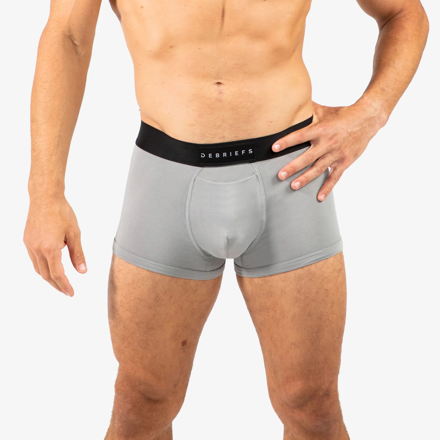 Man wearing Debriefs mens trunks underwear - grey front