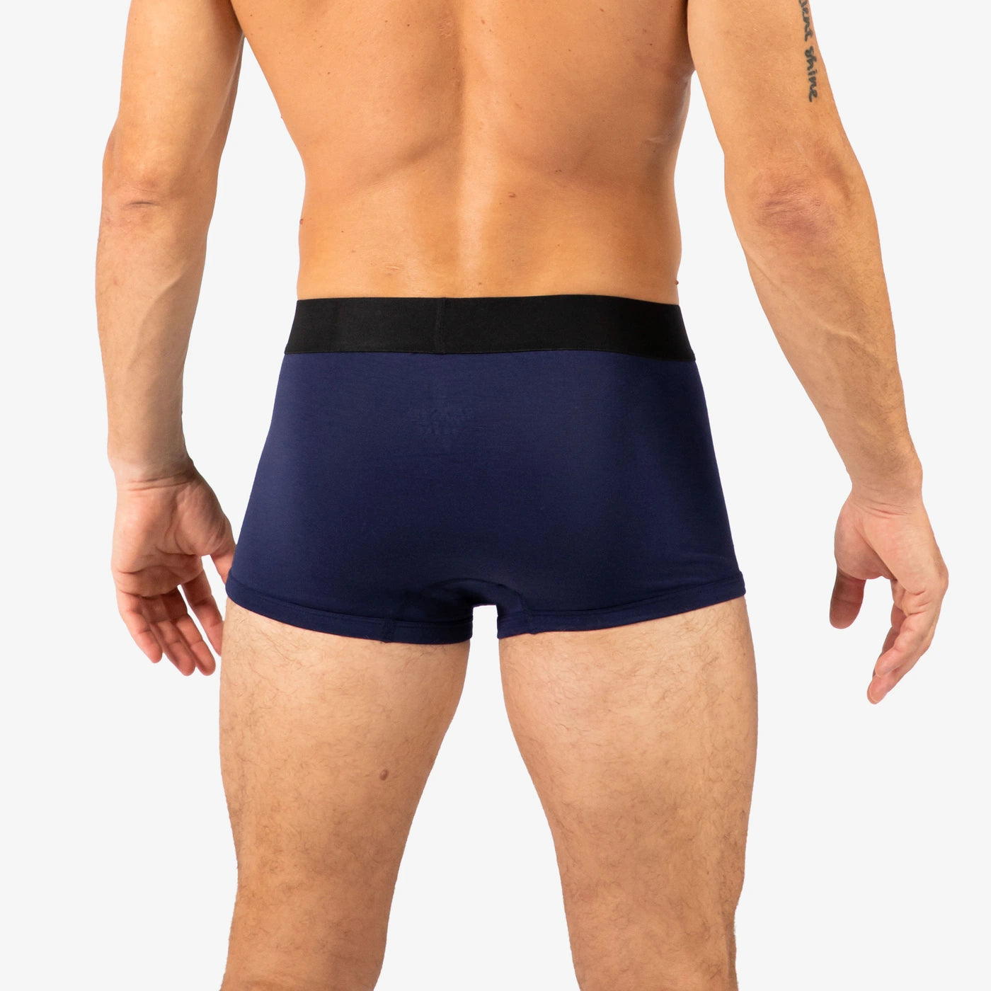 Man wearing Debriefs mens trunks underwear - midnight blue rear