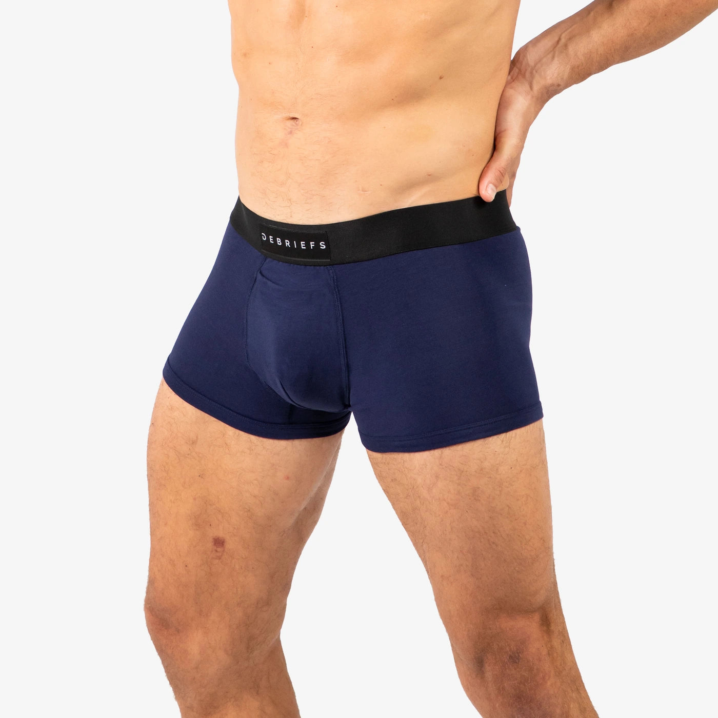 Man wearing Debriefs mens trunks underwear - midnight blue side