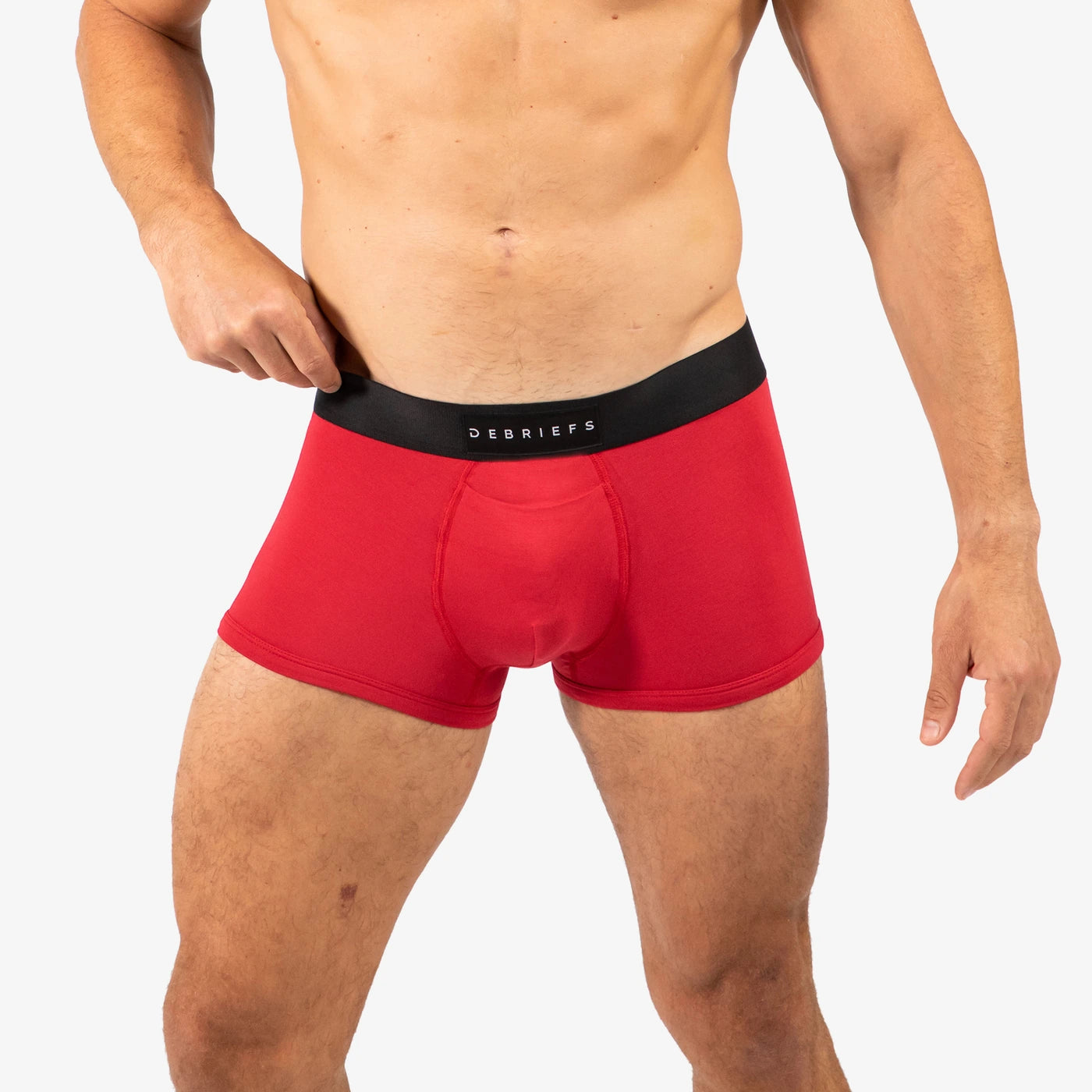 Man wearing Debriefs mens trunks underwear - red front